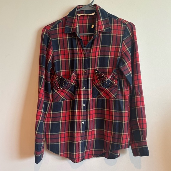 Zara Woman Red Plaid Studded Snap Button Flannel Shirt Medium Western Cowgirl - Picture 1 of 7
